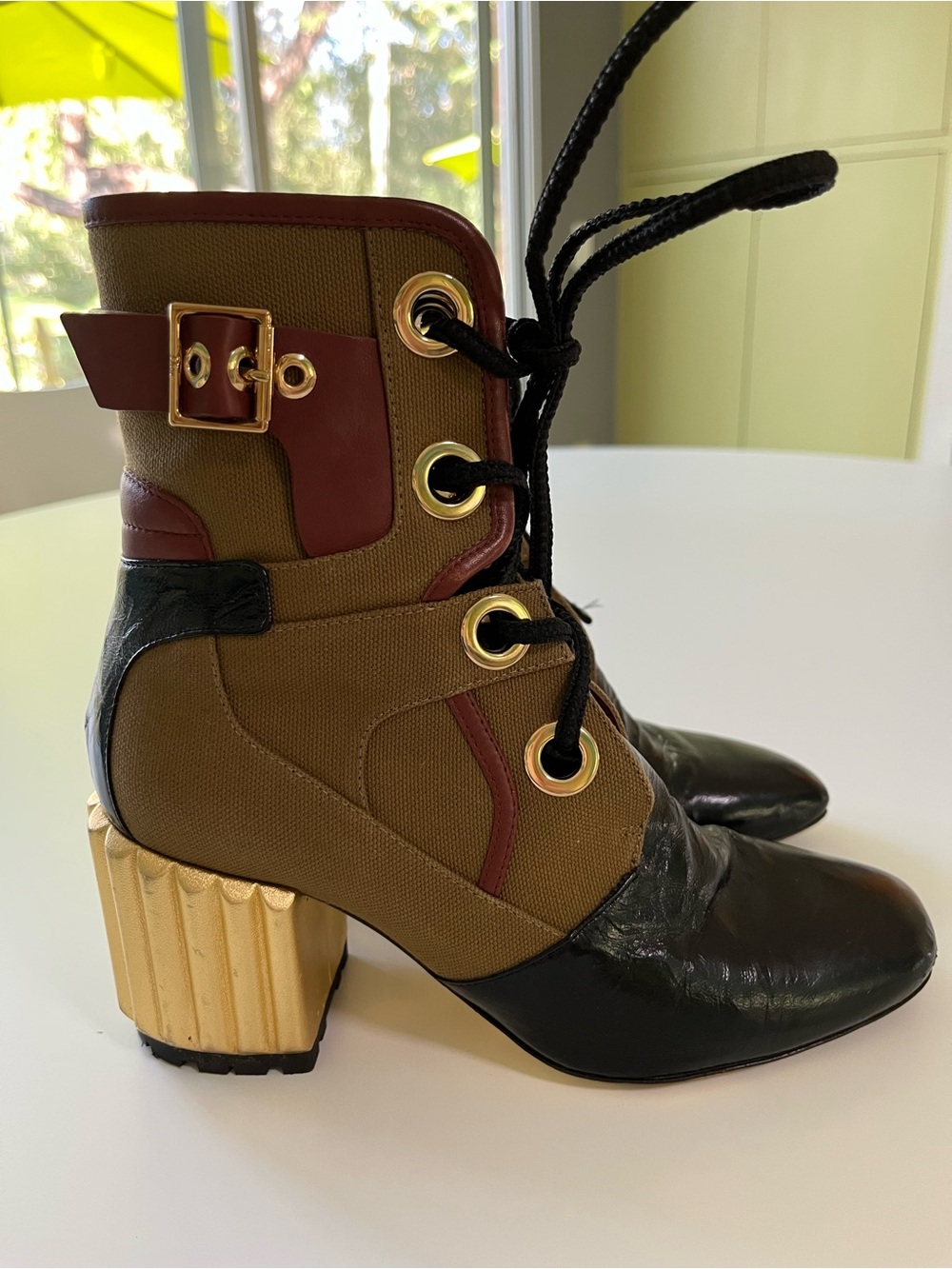 Dior Lace-Up Ankle Boots in Olive, Black & Burgundy with Gold Heel